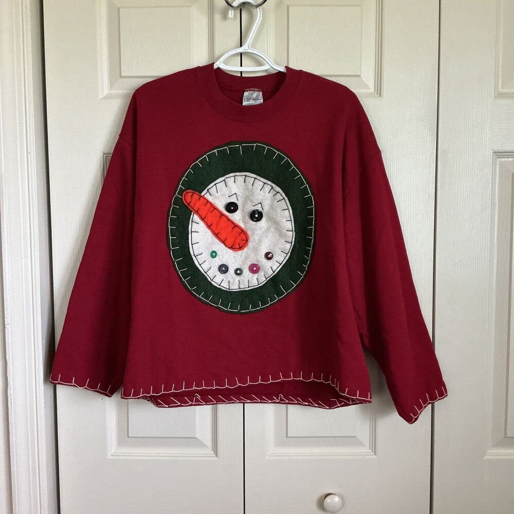Vintage Red Snowman Appliqué Cropped Sweatshirt Large Holiday Christmas